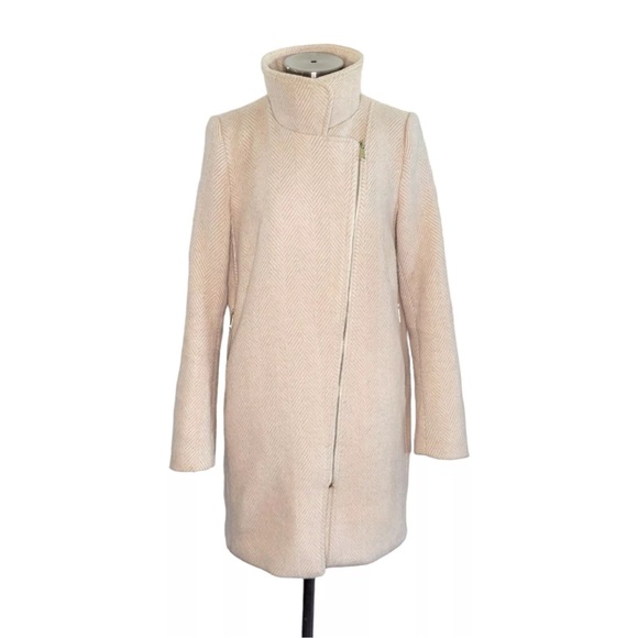 Loft Herringbone Cream Moto Pea Wool Winter Coat size Medium. Good condition - Picture 6 of 14